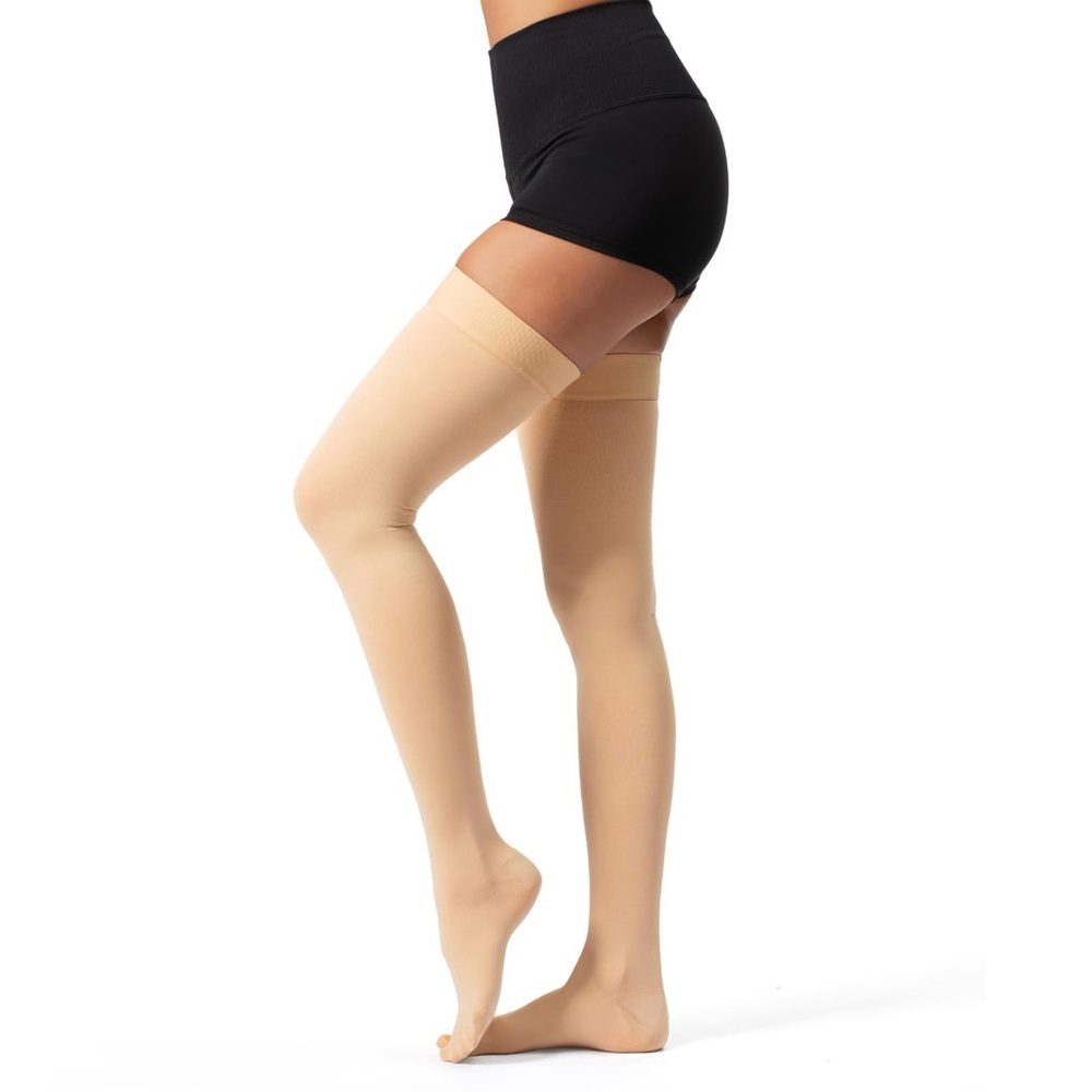 Thigh high 20–30 mmHg closed toe tan compression socks, size M